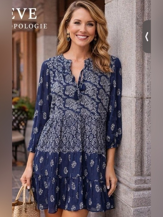 Maeve Dresses & Skirts - Maeve Tunic Dress Womens Medium Navy Blue Floral Paisley Tiered Tassel V-Neck